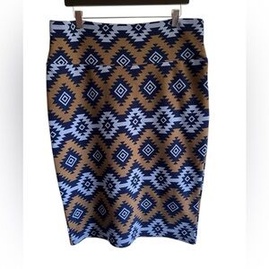 New Mexico Aztec-Print Pencil Skirt in Blue and Brown size M
